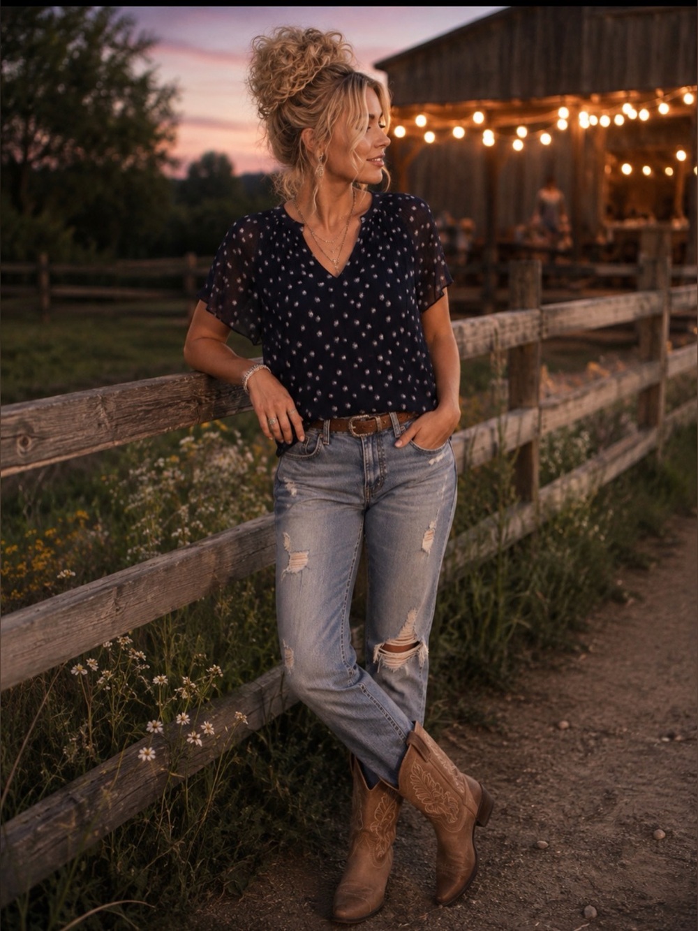 HALOGEN Release Pleat Blouse In Classic Navy Blue Ditsy